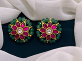 Ruby flower with Green Pearl in Kundan Earring - KE00172